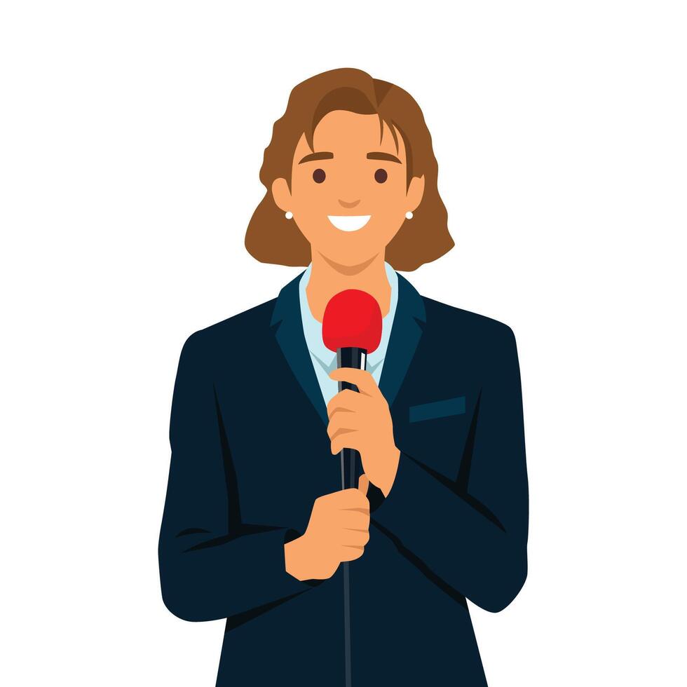 Young woman reporter holding microphone. vector