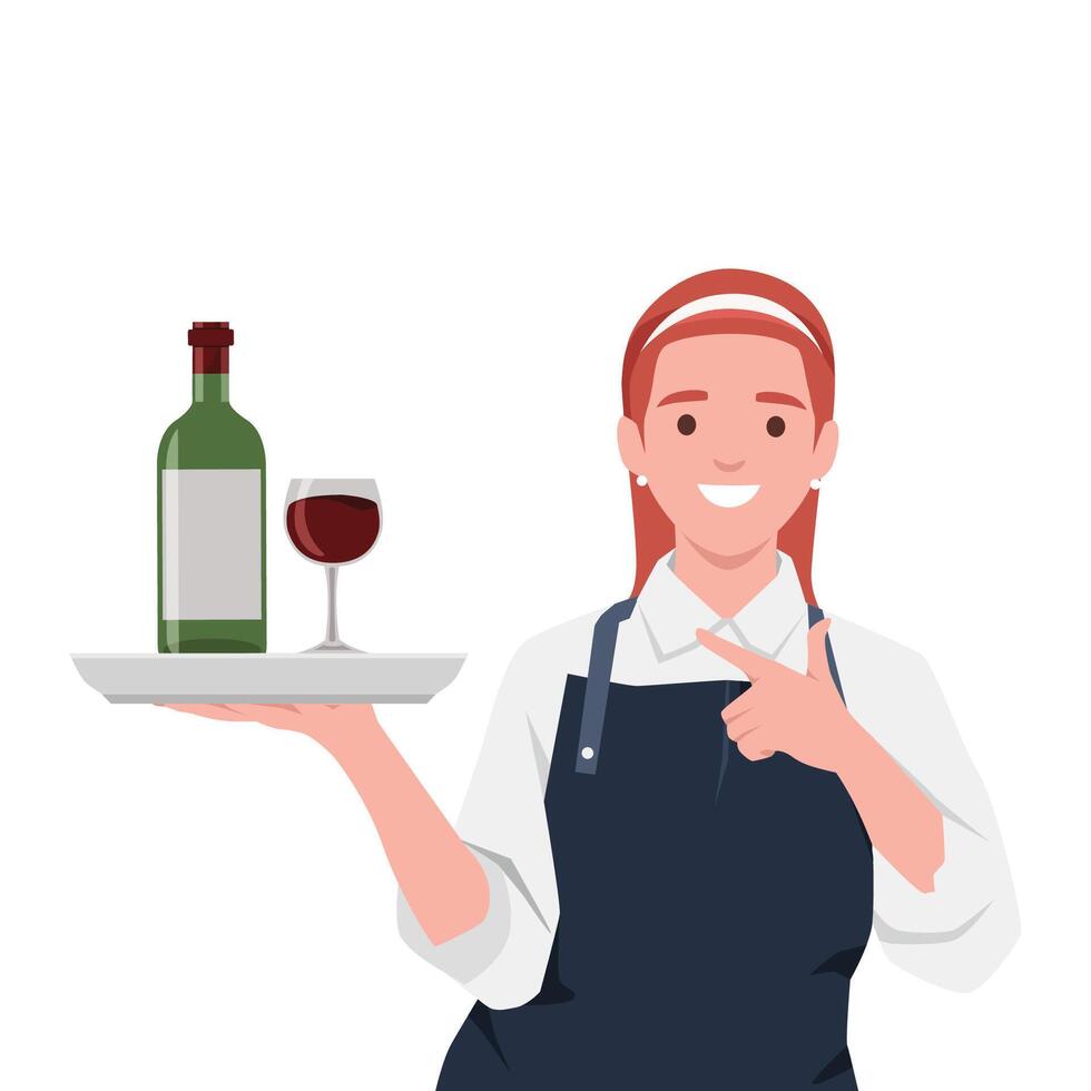 Young smiling waitress in uniform holds a tray with a glass of wine. vector