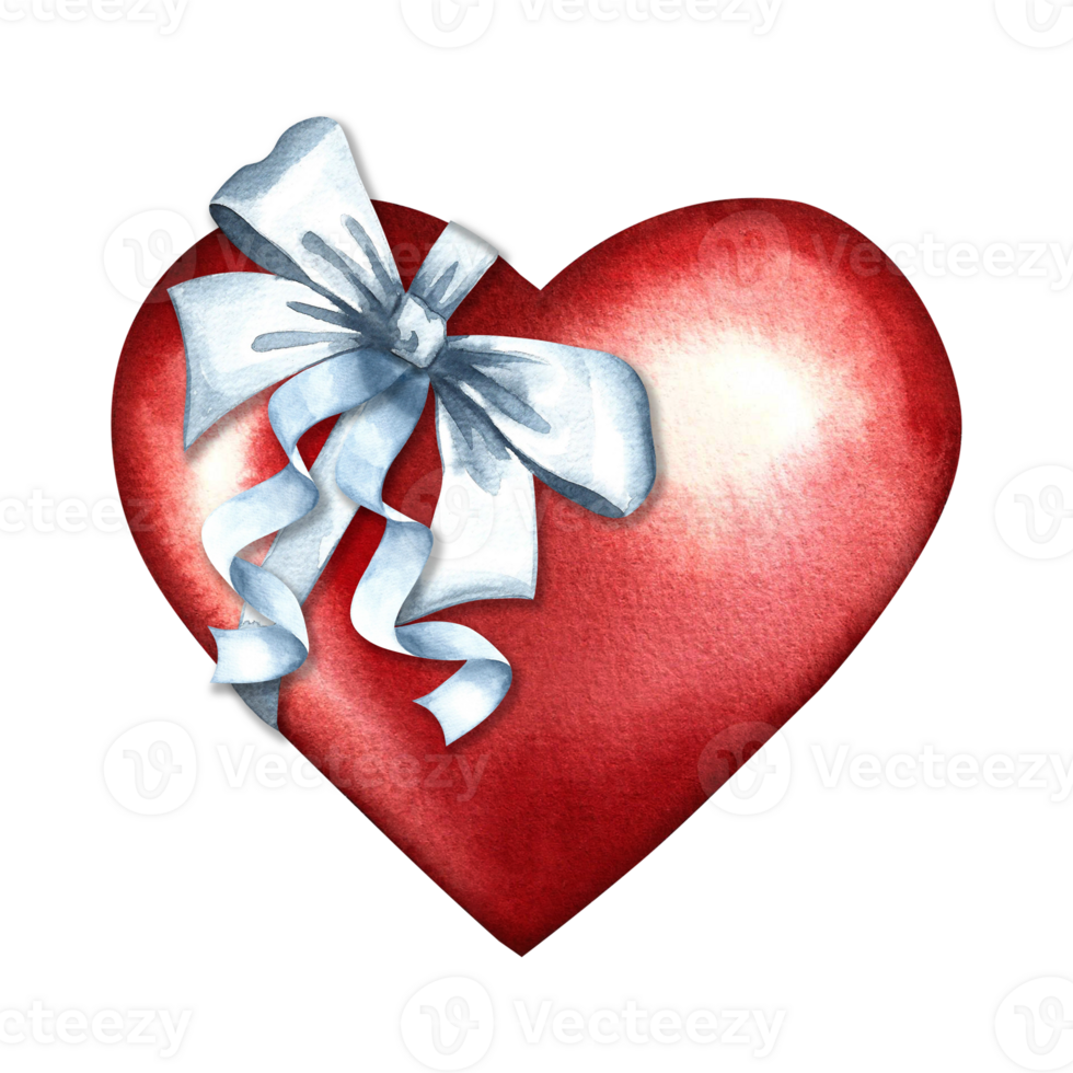 A red heart tied with a white ribbon bow. A hand-drawn watercolor illustration. Design for Valentine's Day and wedding. For postcards, prints and packaging. For flyers, banners, posters and more png