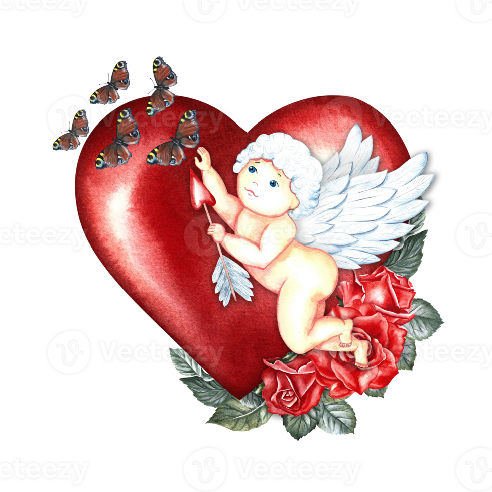 A flying cupid with butterflies and an arrow on the background of a red heart decorated with roses. Handmade watercolor illustration. For Valentine's Day and wedding, postcards, posters, greeting card png