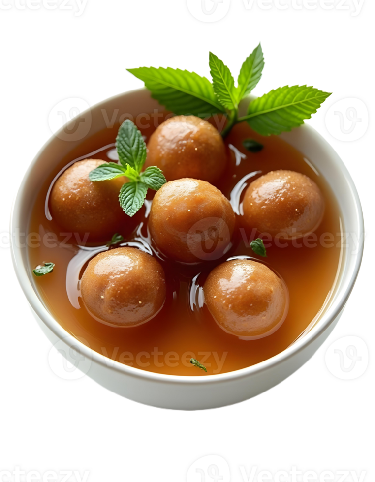 A bowl of delicious Gulab Jamun, a popular Indian sweet dish, served with a touch of mint png