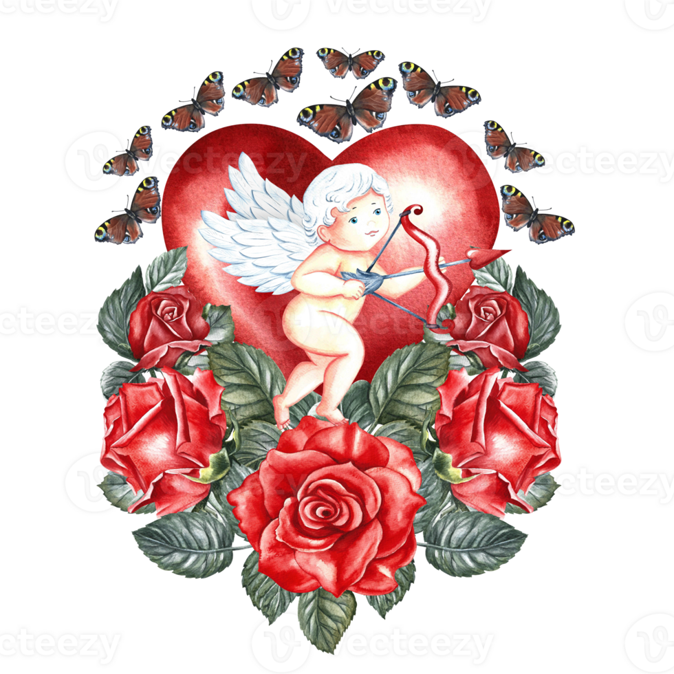 Cute little cupid on the background of a red heart with roses and butterflies. Hand-made watercolor illustration. For lovers, Valentine's day and weddings. For posters, greeting cards, prints and more png