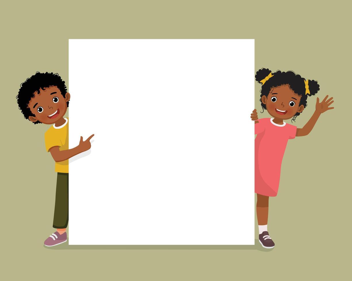 Cute African kids little boy and girl standing behind empty banner peeking and pointing finger over board vector