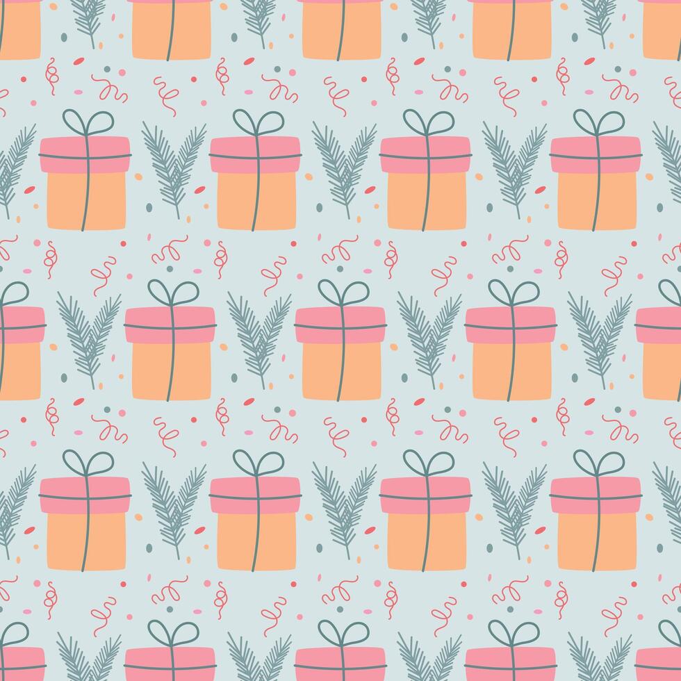 Seamless holiday pattern with boxes of gifts, spruce branches, and streamers. Christmas and new year. Illustration for textile, wrapping paper, greeting card, cover, seasonal winter holidays. vector