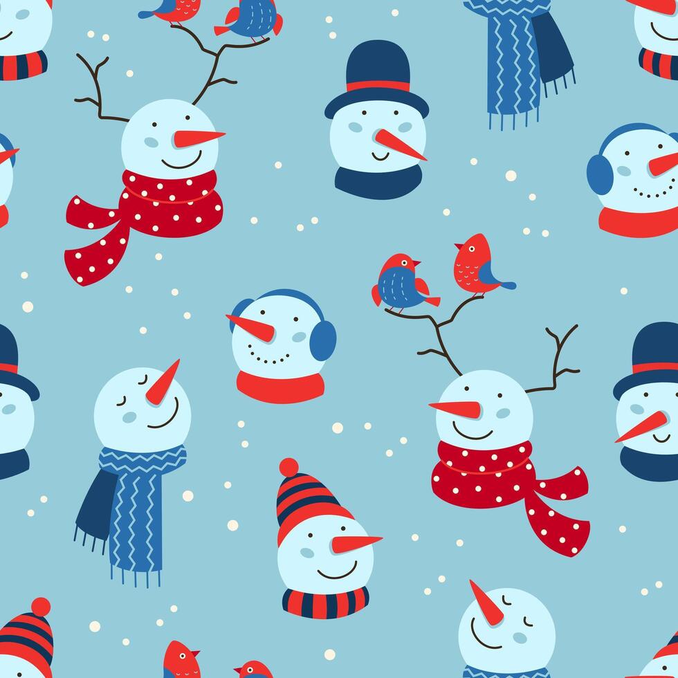 Seamless holiday template with cute snowmen faces. Illustration for seasonal winter holidays, greeting card, wrapping paper, cover, background. Christmas and New Year. vector