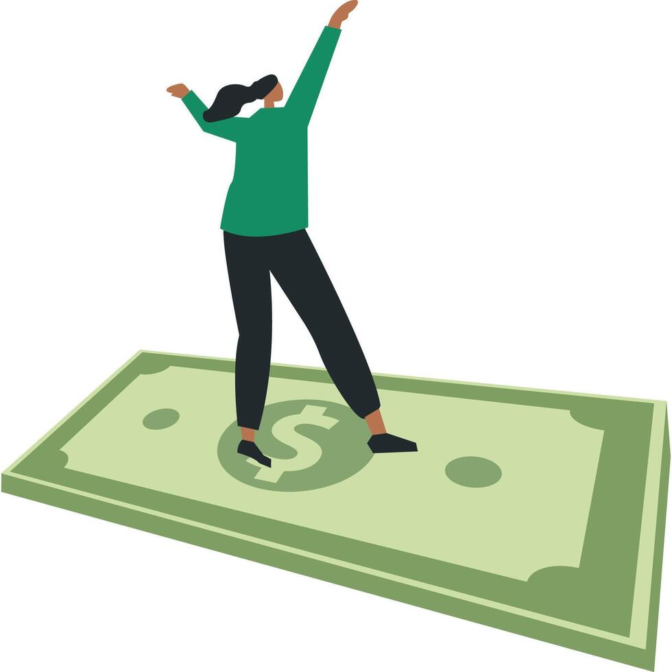 The financial freedom of a young woman rides banknotes and surfs vector