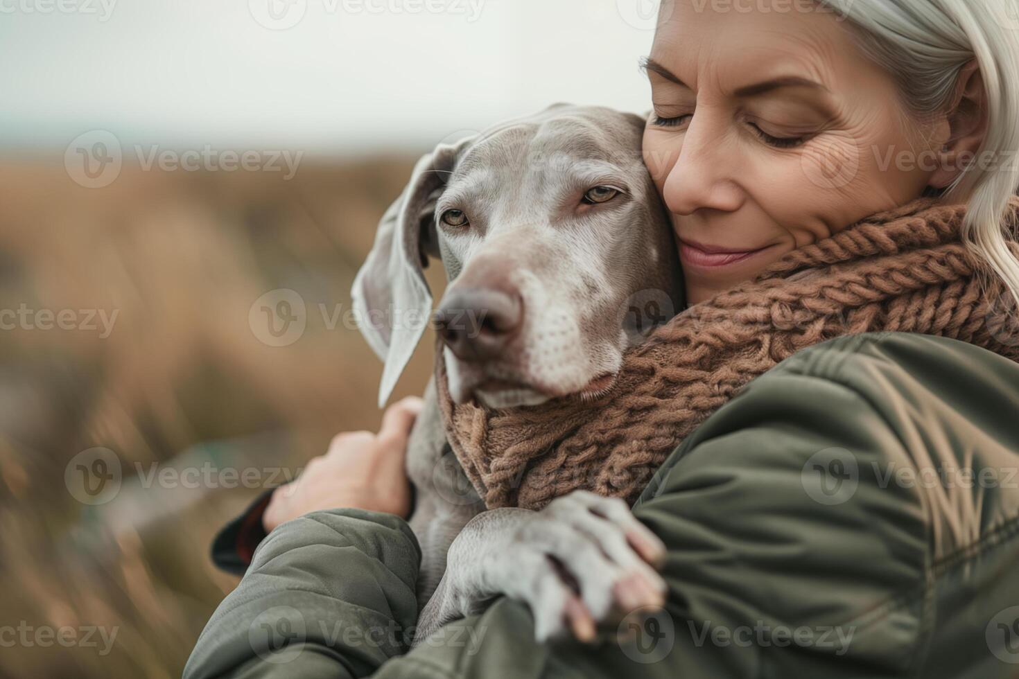 white-haired or gray-haired white woman hugging gray spotted weimaraner dog, both tied together with a scarf around their neck. owner-dog bond photo