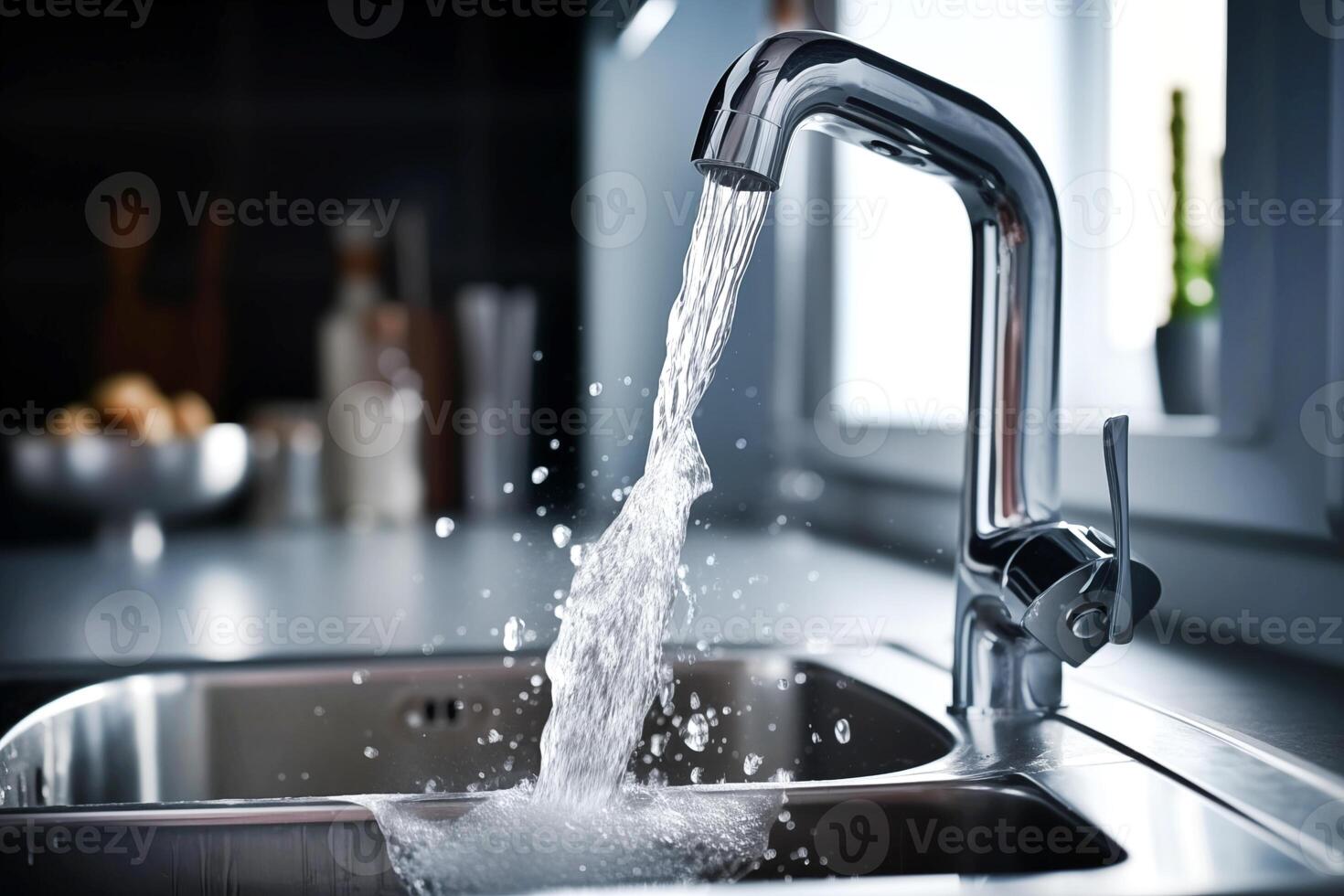 close up of a kitchen faucet with a strong stream of water flowing from it photo