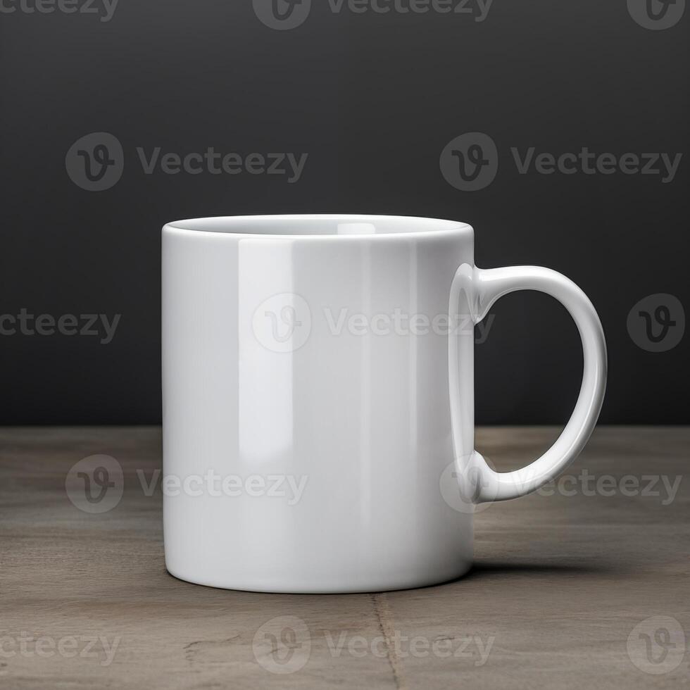 White mug without patterns close up on dark minimalistic background. white mug mockup photo