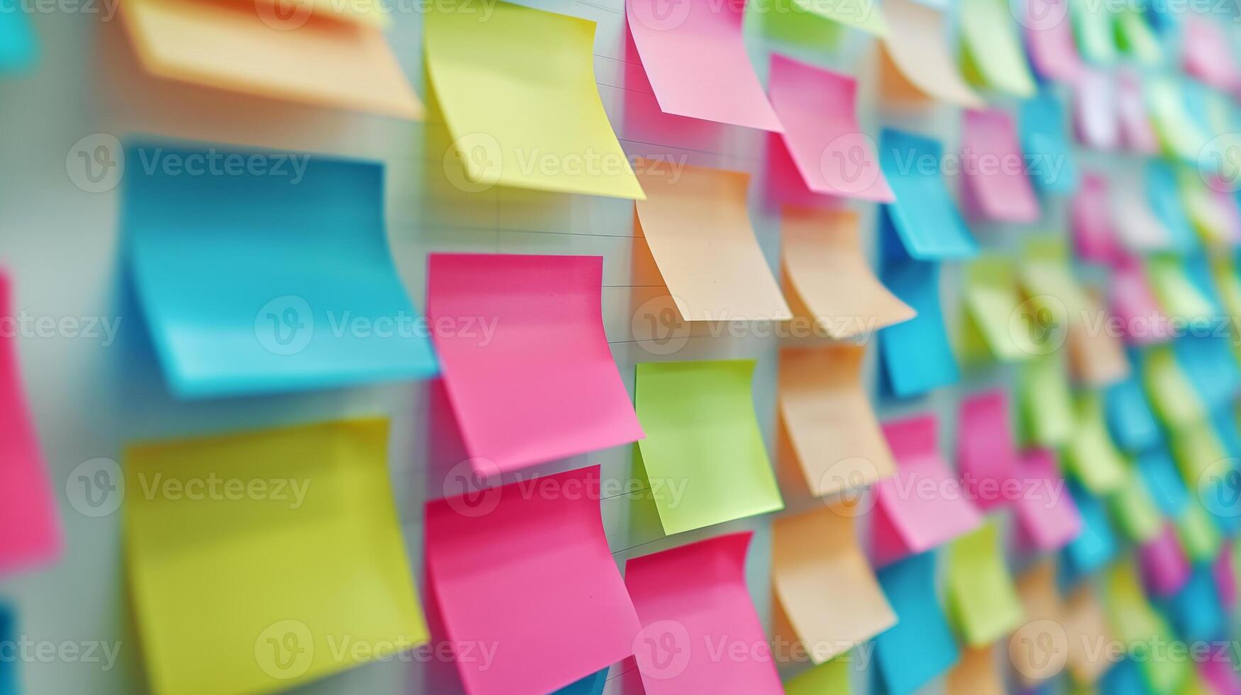 close up of many blank colorful bright square sticky note papers pasted on wall photo