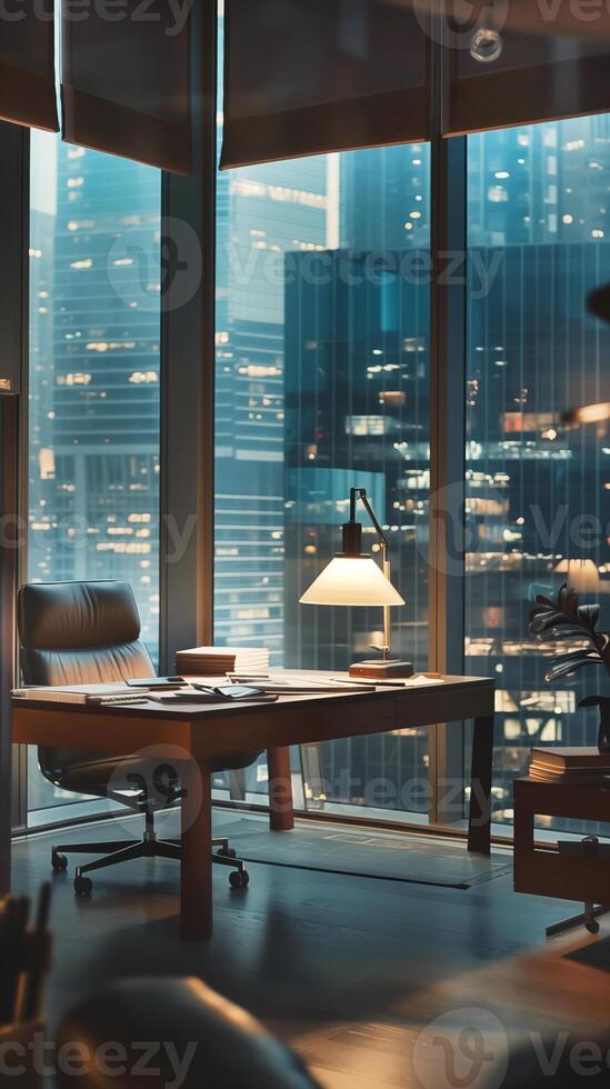 empty evening office desk and chair against transparent walls and skyscrapers photo