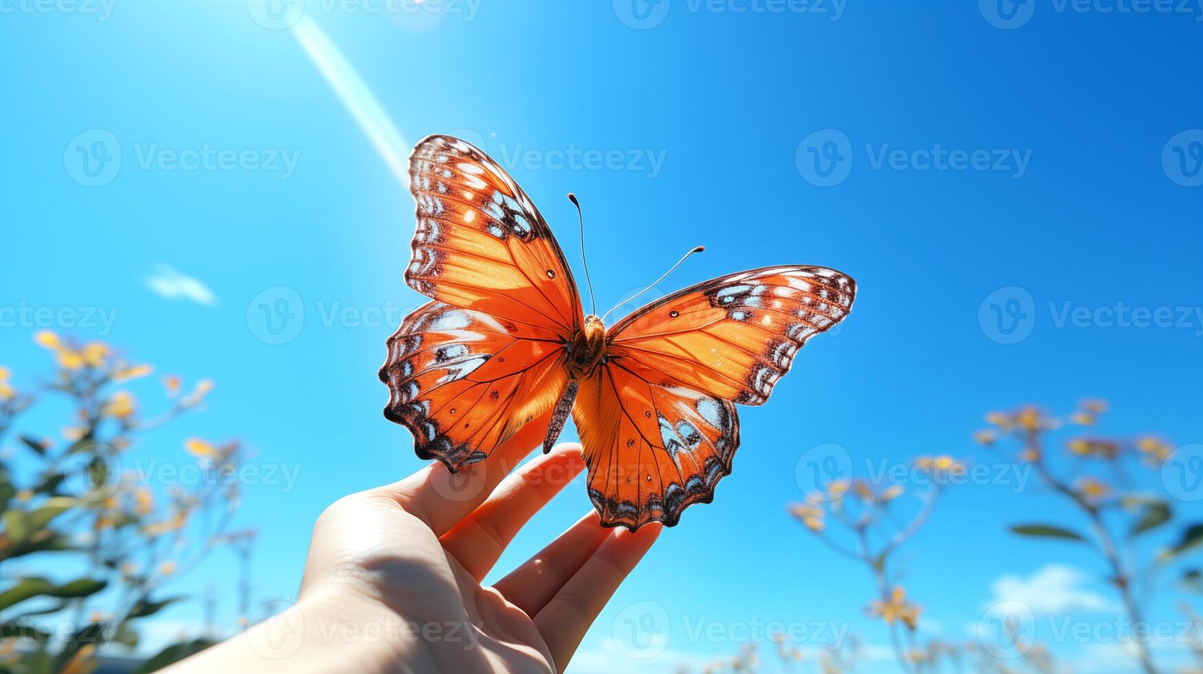 close up of orange butterfly sitting on human hand against blue sky photo
