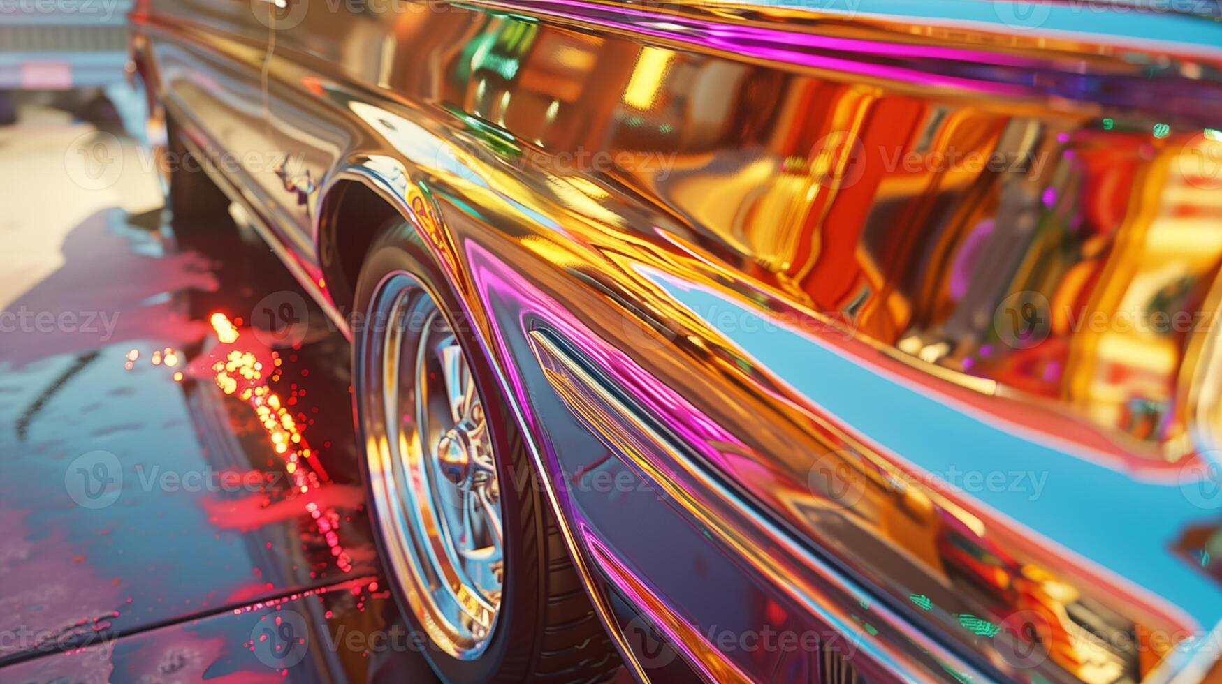 close-up of car door with holographic glossy coating with fiery traces of wheels photo