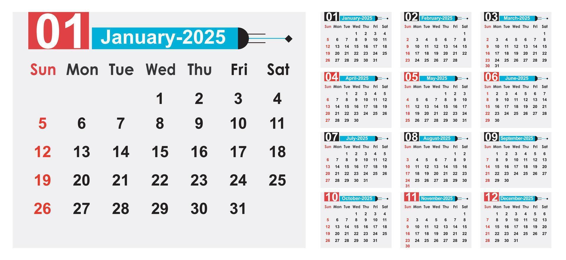 Editable calendar 2025 illustration, Calendar date plan 2025 Template. vector