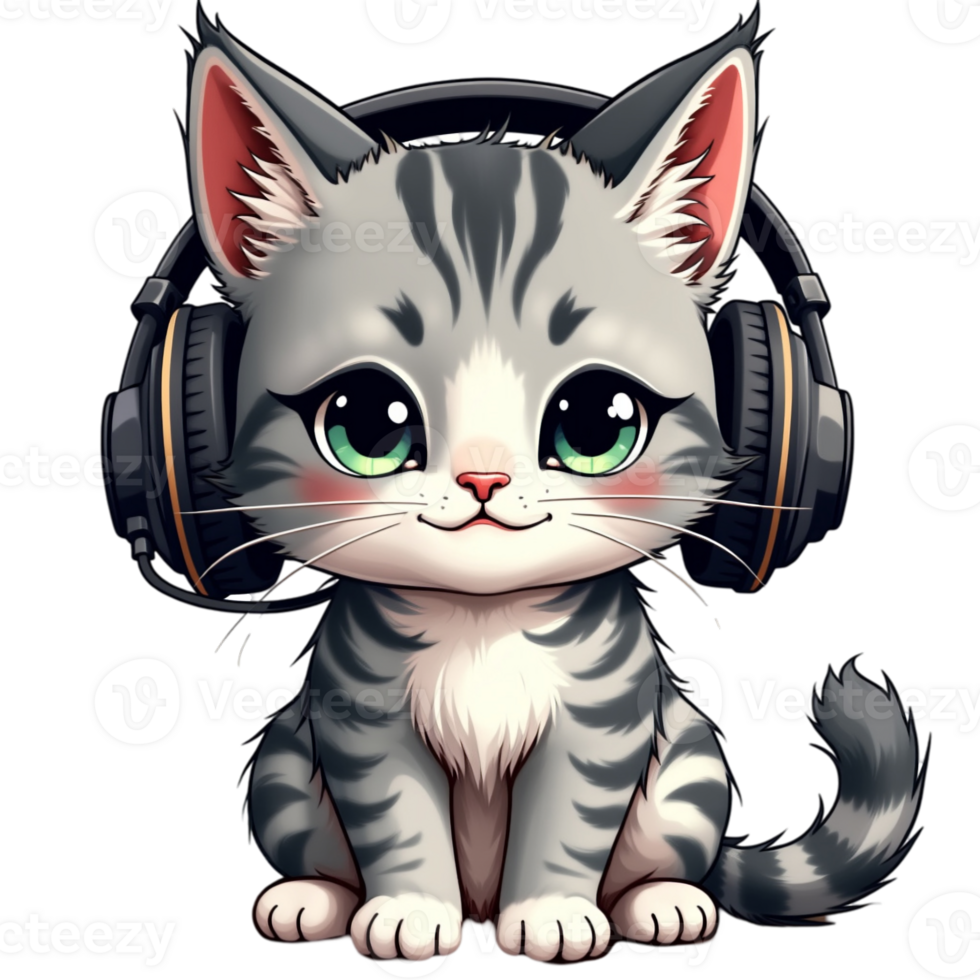 gray tabby kitten with big green eyes is wearing oversized headphones cutouts png