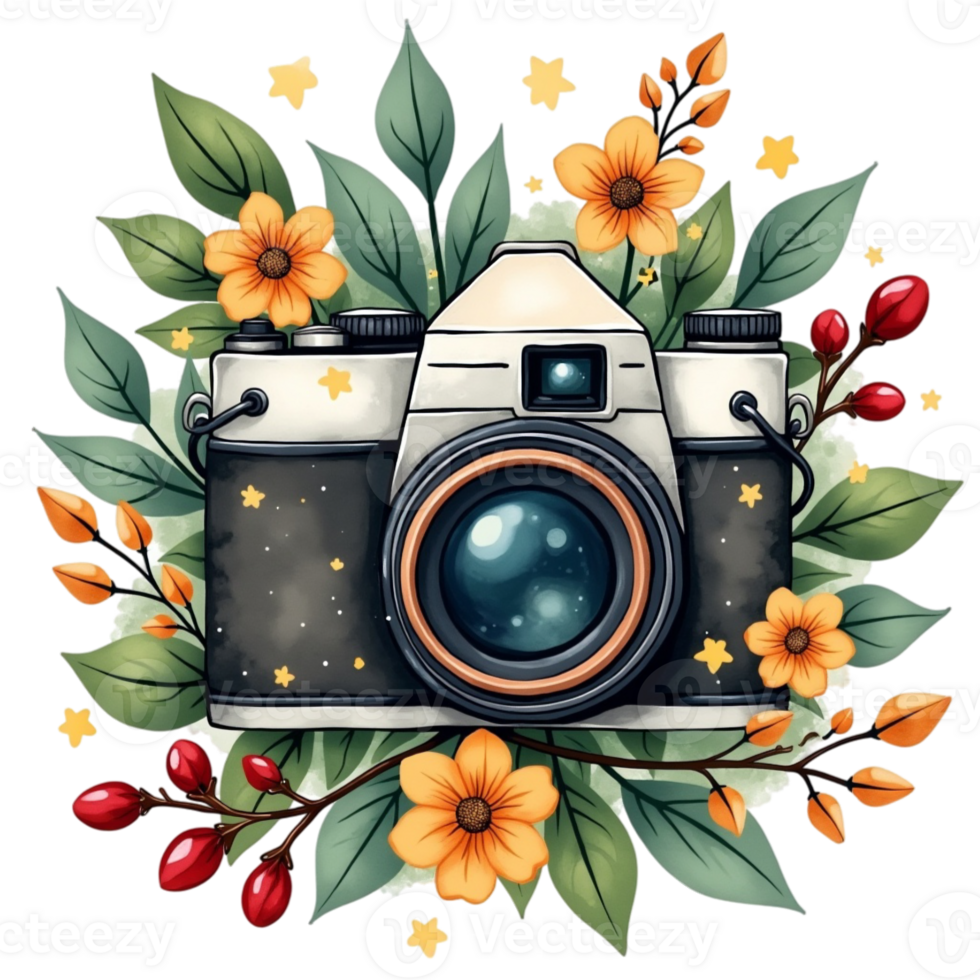 A vintage camera is surrounded by vibrant flowers and leaves cutouts png