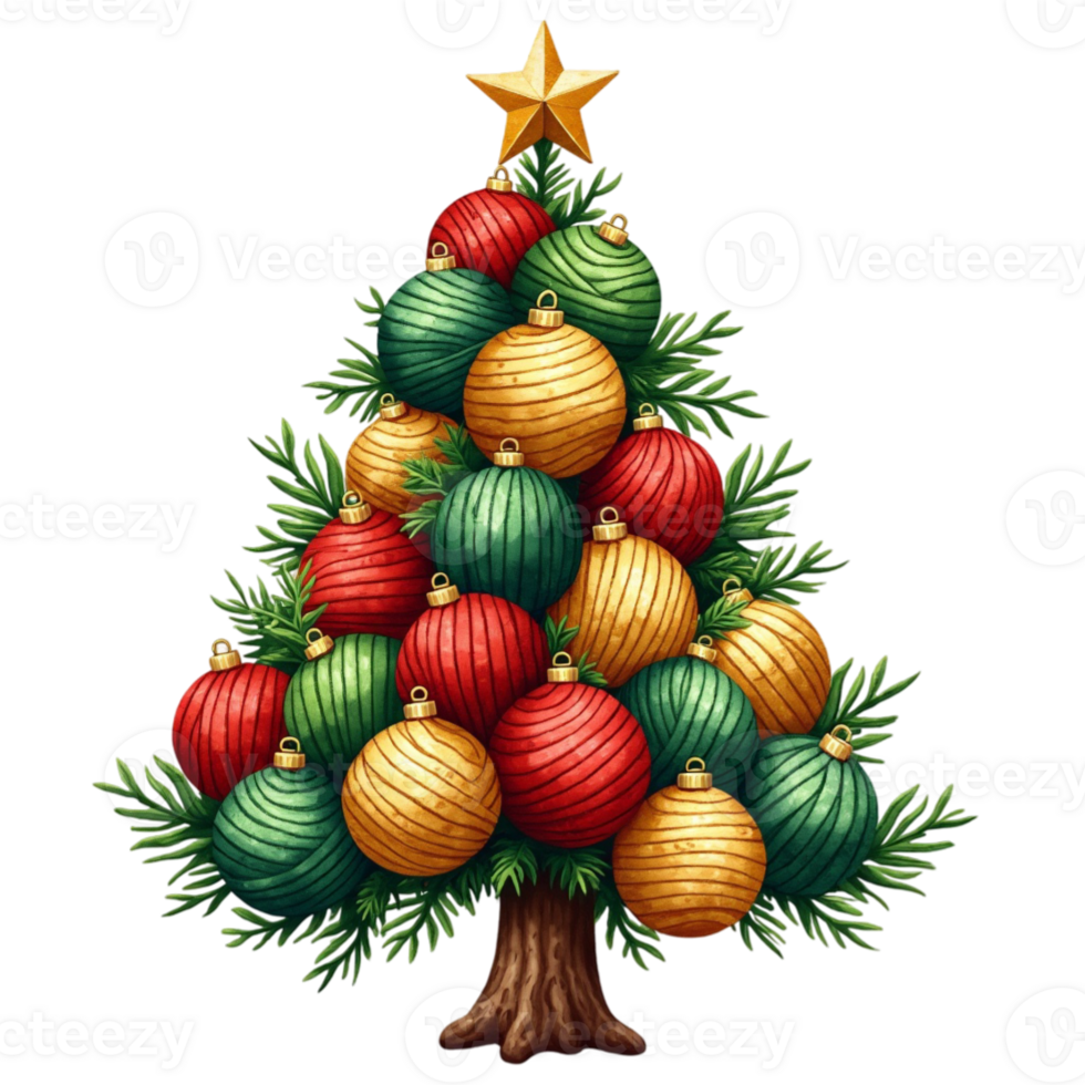 uma natal arranjo do colorida fio bolas é empilhado para Formato uma Natal árvore forma, completo com uma Estrela em para recortes png
