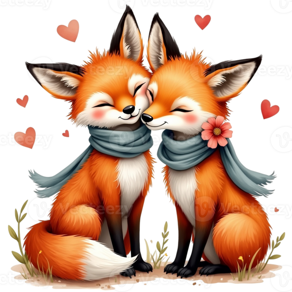 Two adorable foxes are snuggled together, each wearing a cozy blue scarf, cutouts png