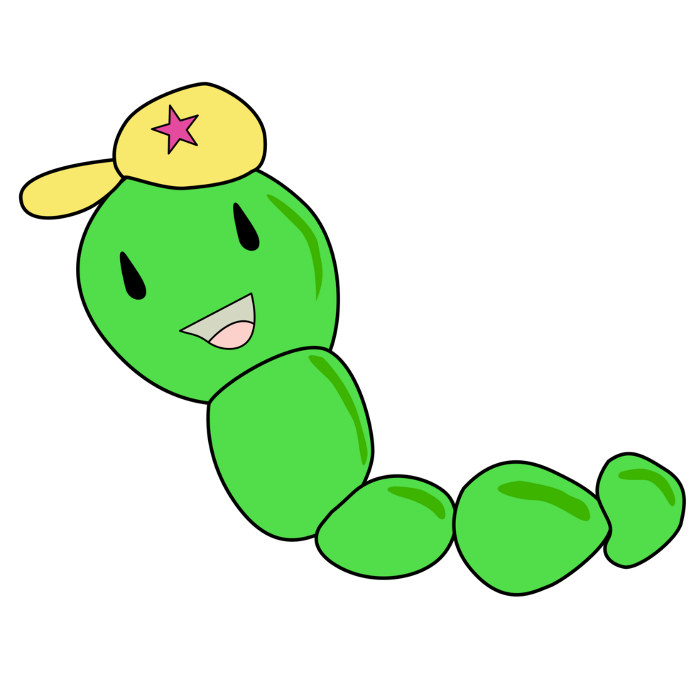 character green worm caterpillar with cap. looking cute, adorable and joyful png