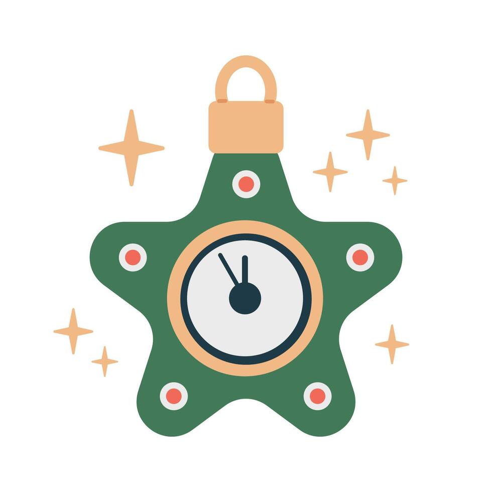 Icicle shaped Christmas tree toy. Star shaped Christmas toy with clock face. Hand drawn illustration. Flat design. Cartoon style vector