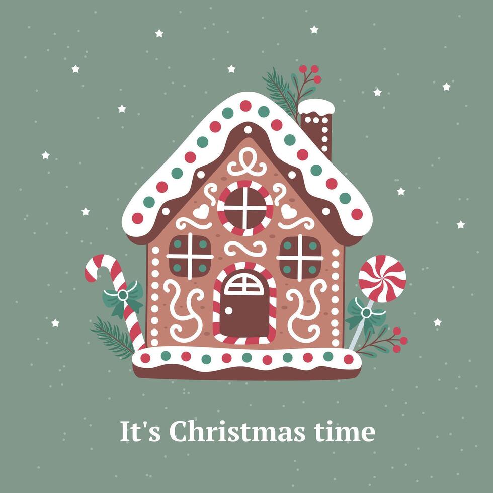 Illustration with a Christmas and New Year cookie flowers and fir branches on a green background vector