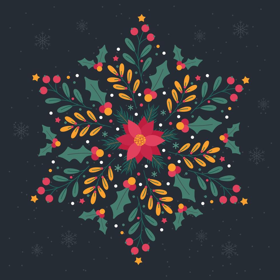 Christmas and New Year illustration of a snowflake made of branches and flowers vector