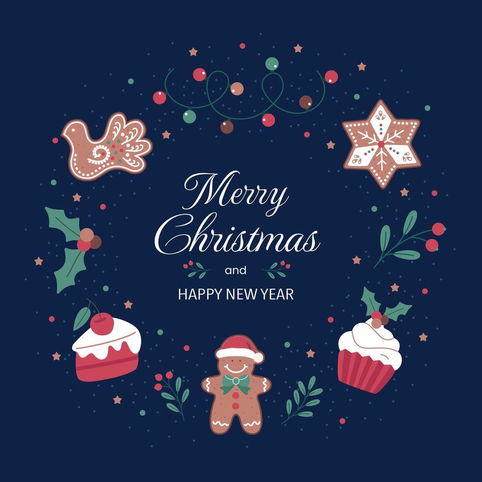 Merry Christmas and Happy New Year card with cookies, cupcakes, cakes, and garlands and gingerbread on a blue background vector