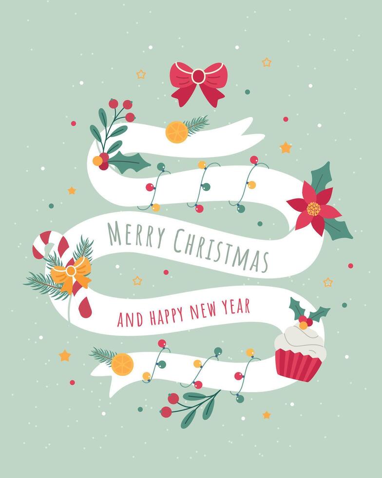 Illustration with a Christmas and New Year cookie flowers and fir branches on a green background vector