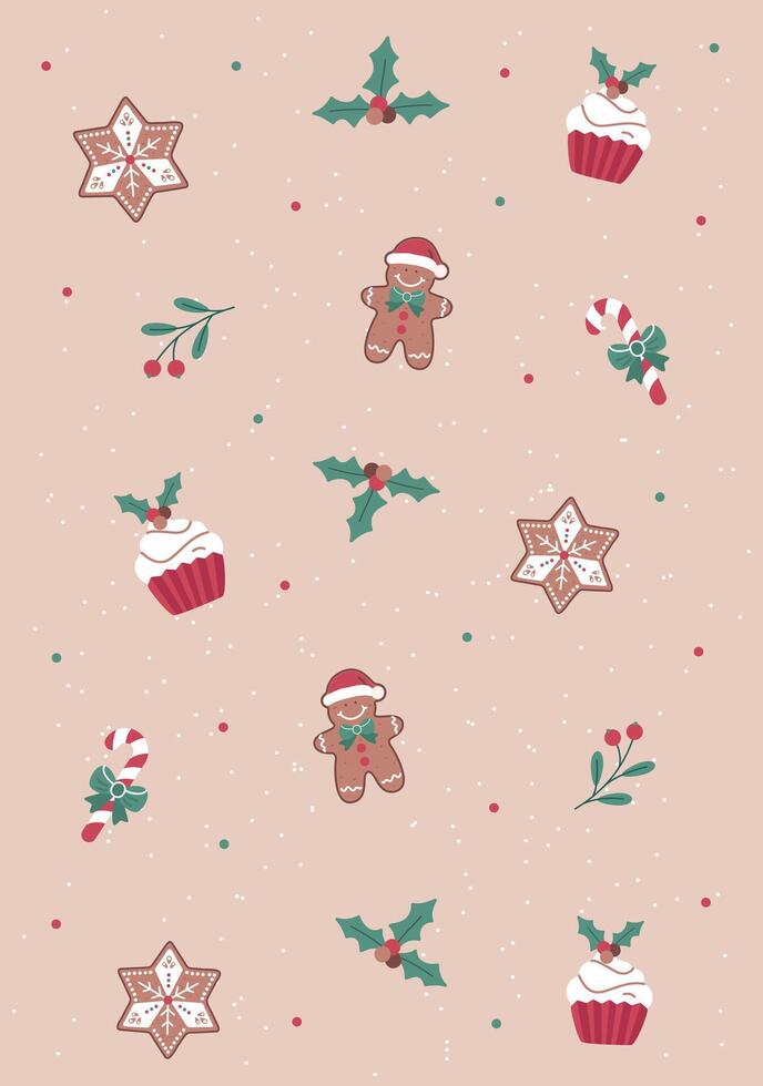 Christmas pattern with a cookie, lollipop, cupcake, and gingerbread man vector