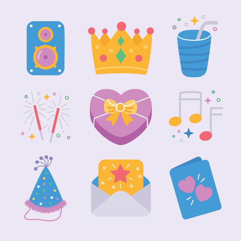set of icons for a party and birthday speaker, card, crown, drink, birthday hat, and sparklers vector