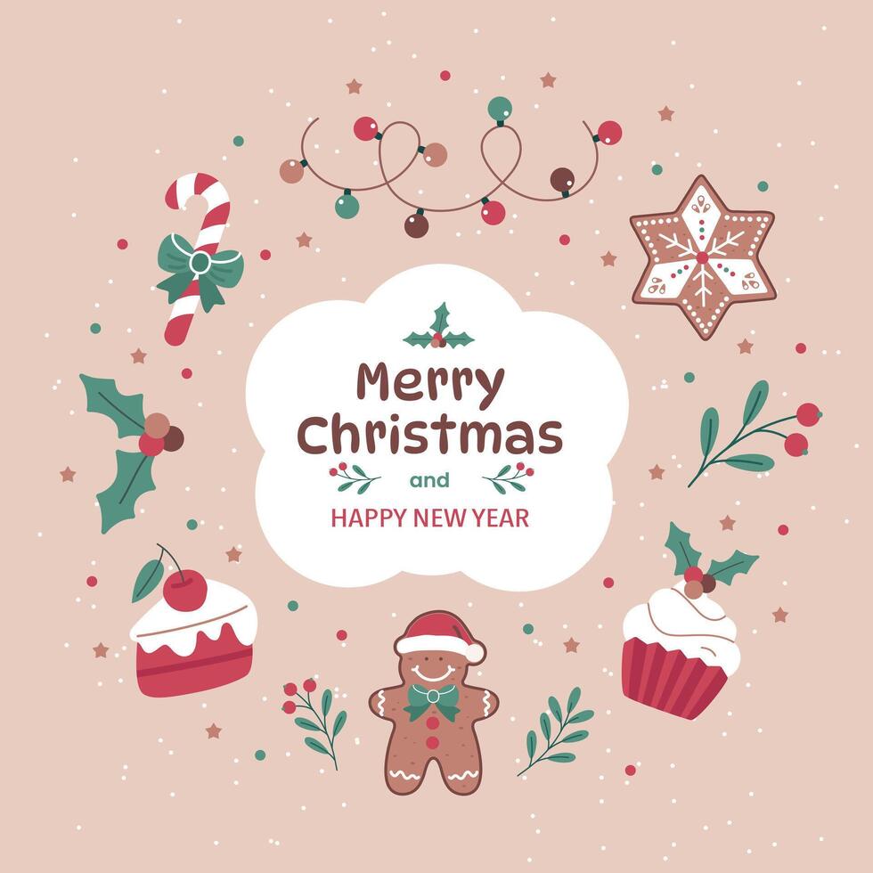 Merry Christmas and Happy New Year card with cookies, cupcakes and garlands on a beige background vector