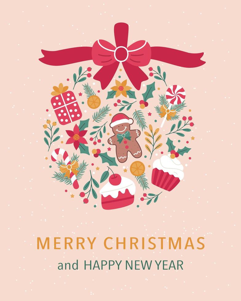 Christmas and New Year illustration in the shape of a Christmas ornament with a bow cupcake vector