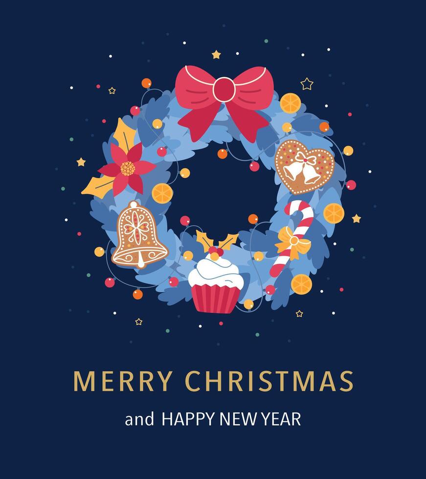 Christmas and New Year decorations with a wreath of fir branches, a bow, a cookie, and a garland vector