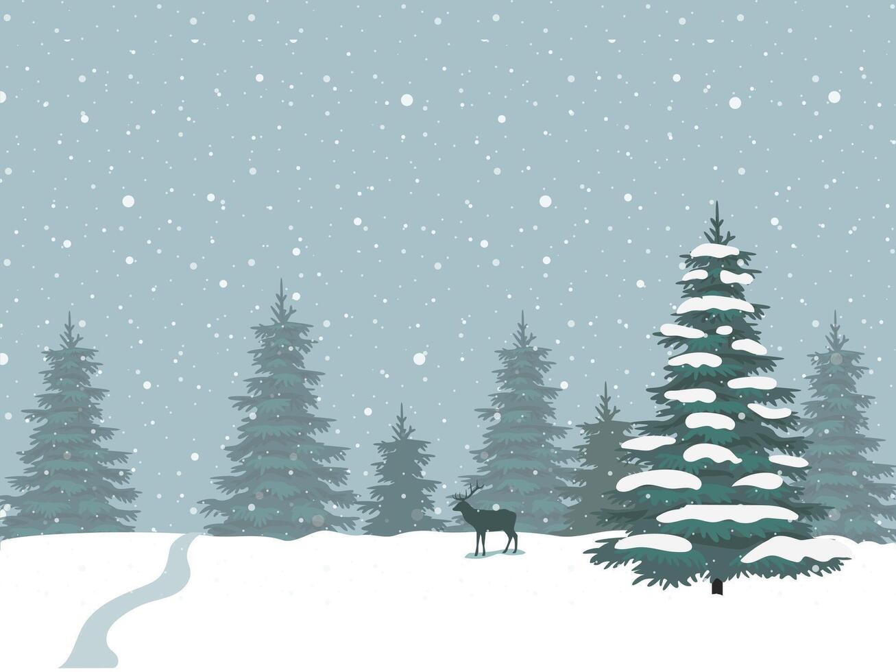 Winter and Christmas background with trees , snowfall, winter spruce and deer. Landscapes illustration vector