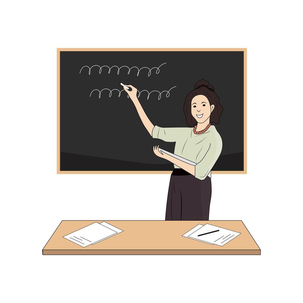 Smiling female teacher at classroom near blackboard and desk. Education, lecture and lesson at school or university. vector