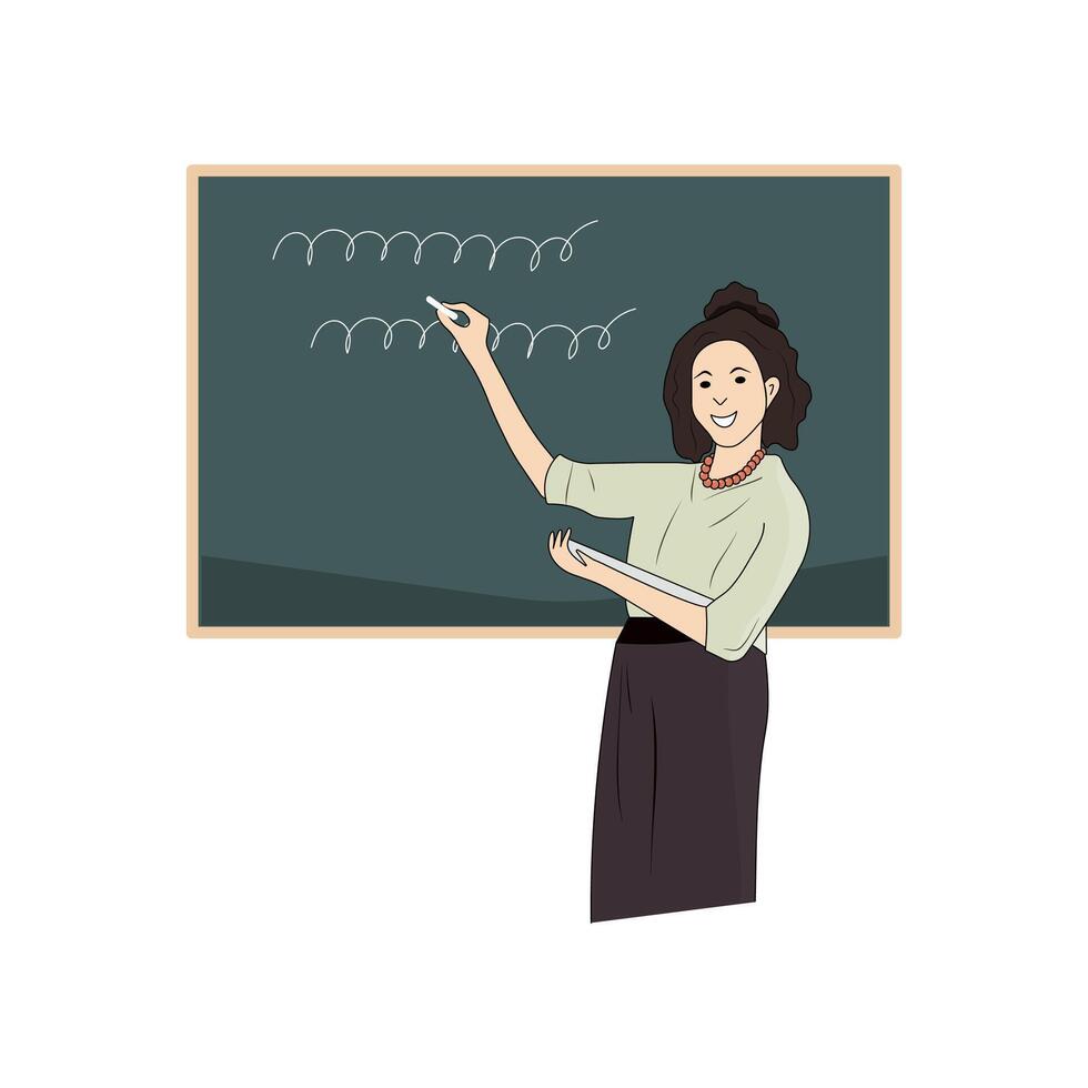 Smiling female teacher at classroom near blackboard. Education, lecture and lesson at school or university. vector