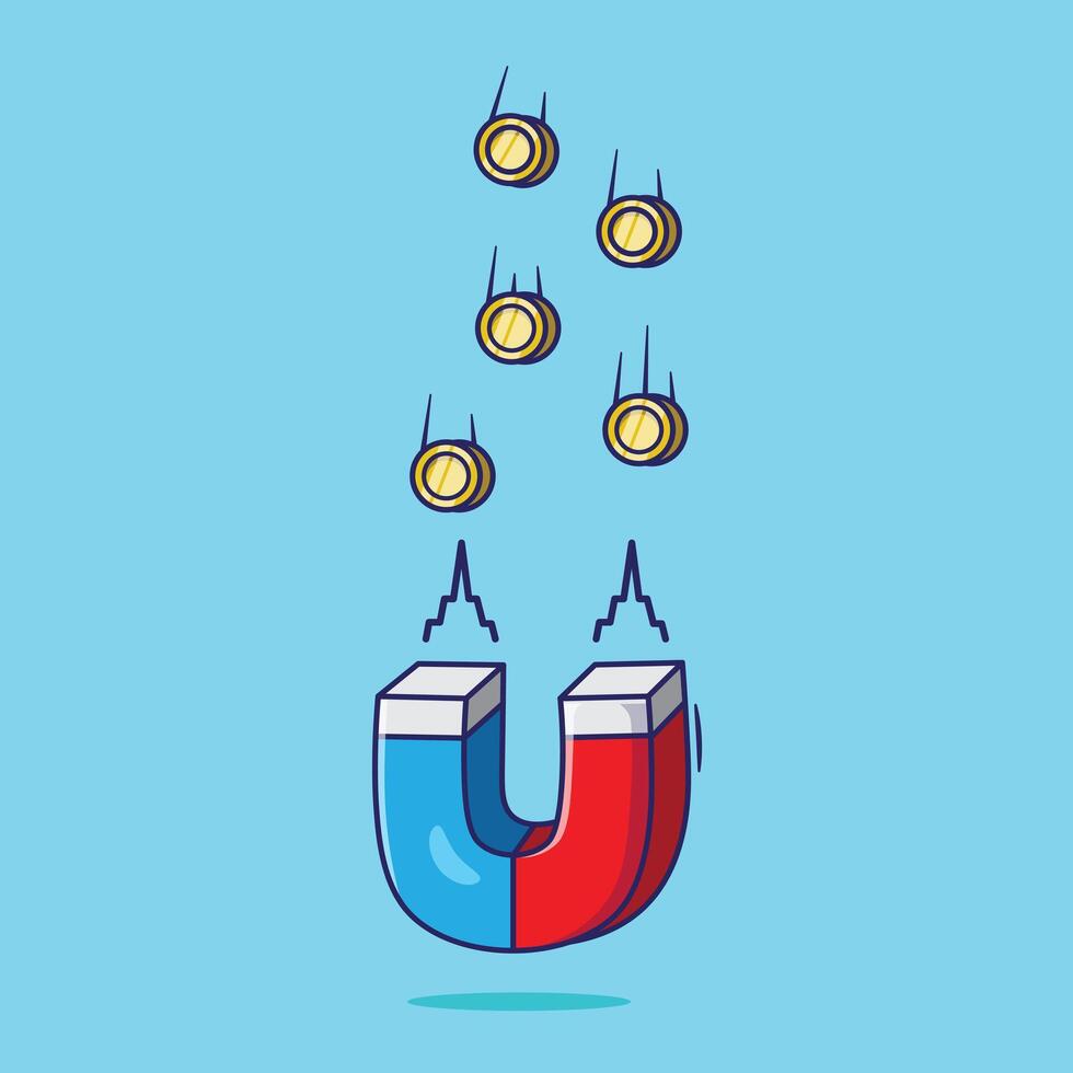 Cute cartoon of magnet pull or catching gold coins Icon illustration object. Finance and economy global business strategy vector