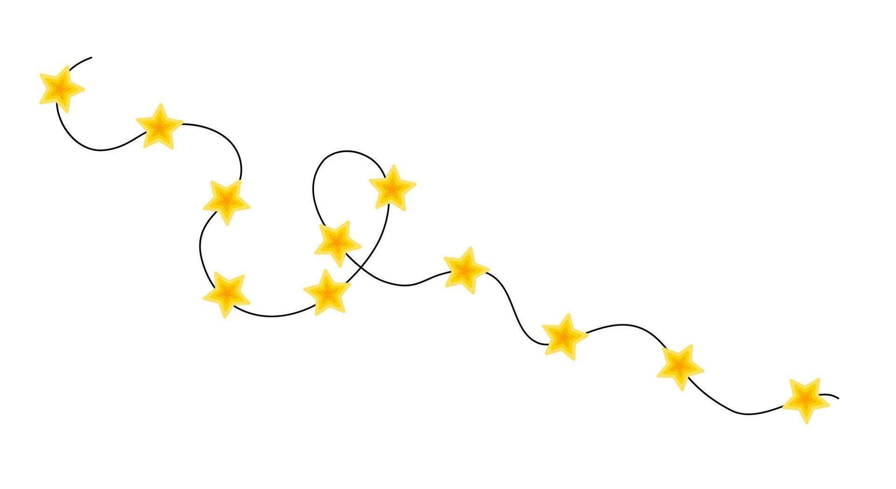 Bright yellow star lights curly string garland simple doodle hand drawn illustration, flat style cartoon image for winter New Year holiday, birthday events design vector