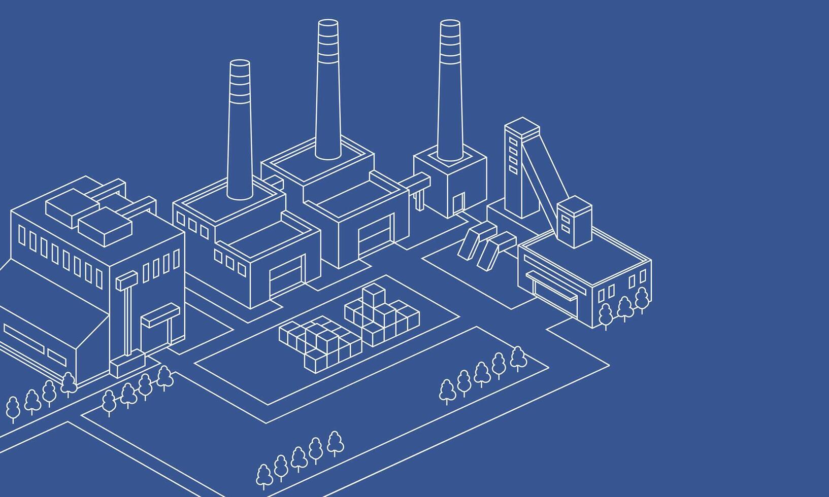 Illustration of an industrial site. Outline isometric illustration of factory manufacturing plan architecture. vector
