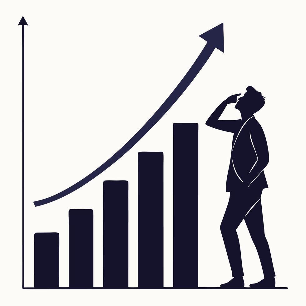 Business Leader Silhouette Gazing at Growing Bar for Success Concept. vector