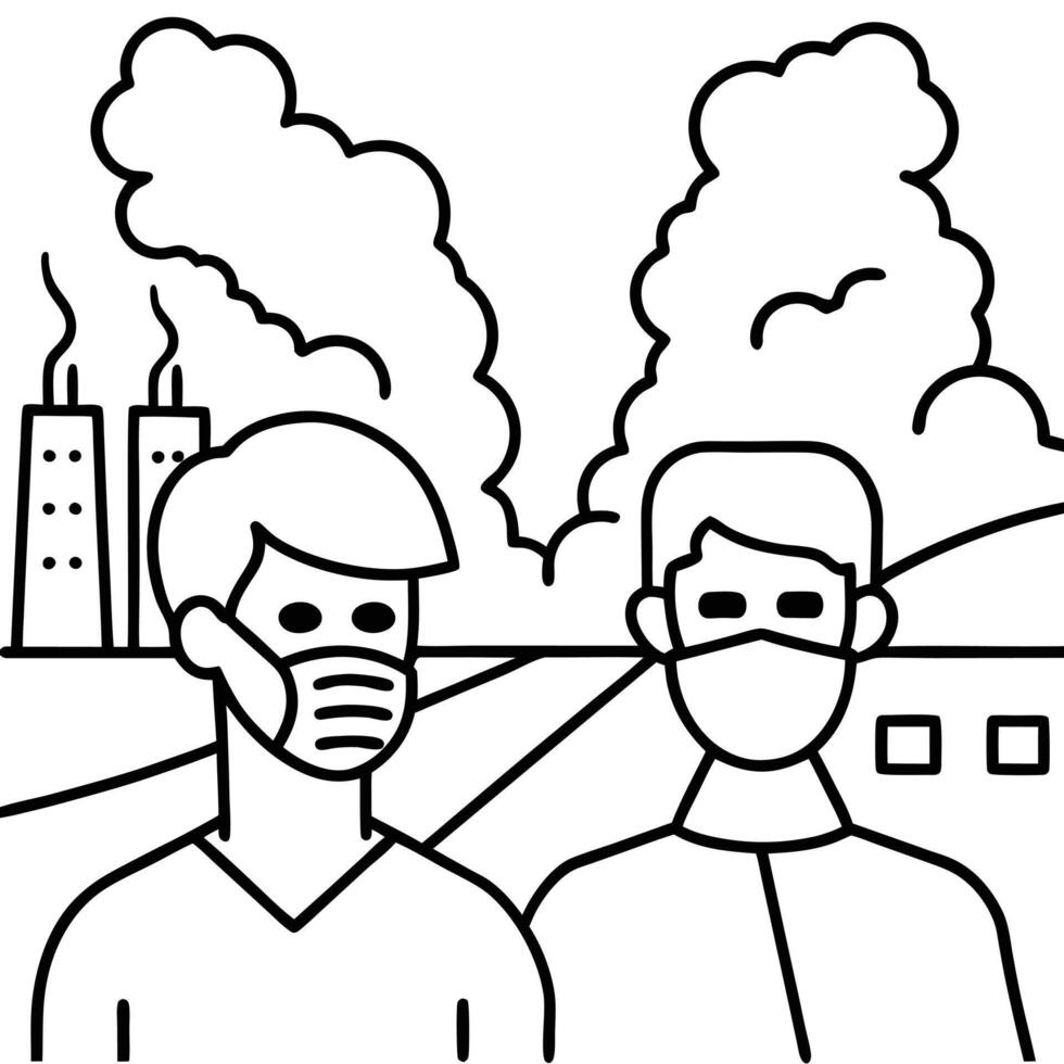 Two people wearing masks in front of a factory vector