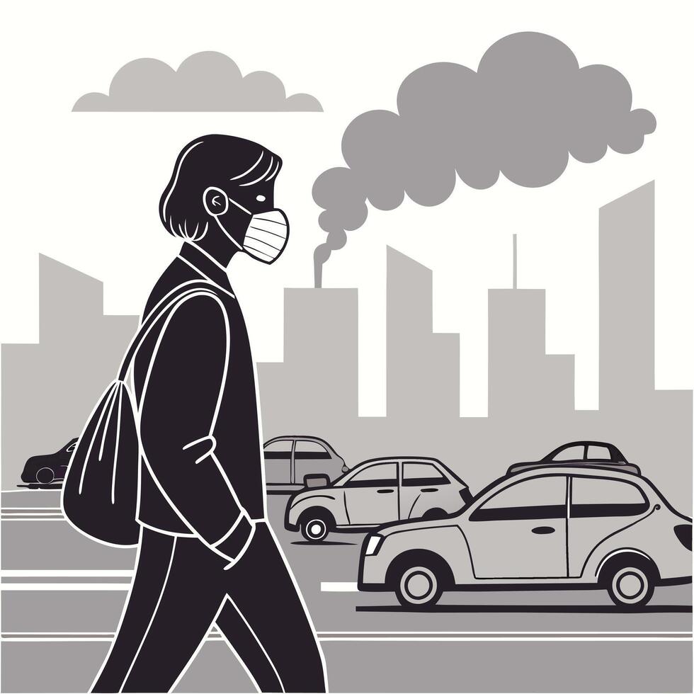 Side View of a Person Wearing a Face Mask While Walking. vector