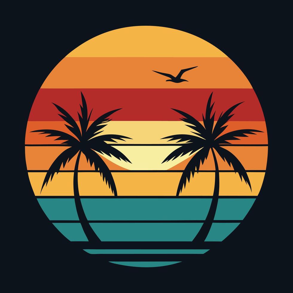 Minimalist Beach Logo Featuring Large Palm Tree Silhouette. vector
