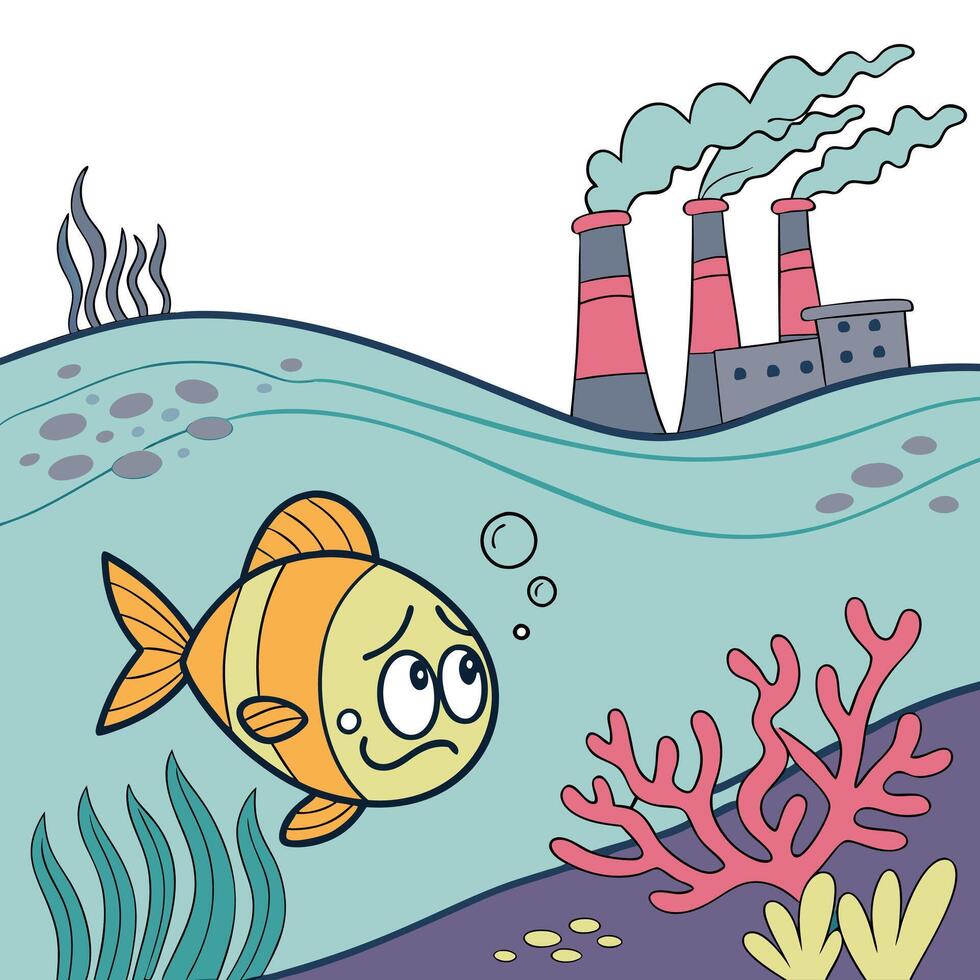 Industrial Pollution and Water Contamination Illustrated in Cartoon Style. vector