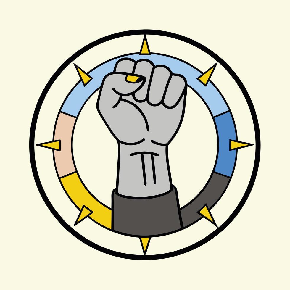 Circular Black and Gray Icon Featuring Raised Fist Symbol. vector