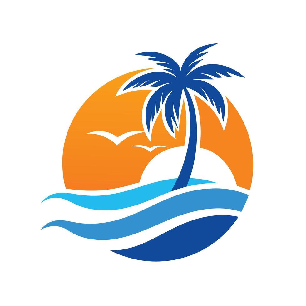 Tropical Beach Logo Design with Palm Tree Silhouette. vector