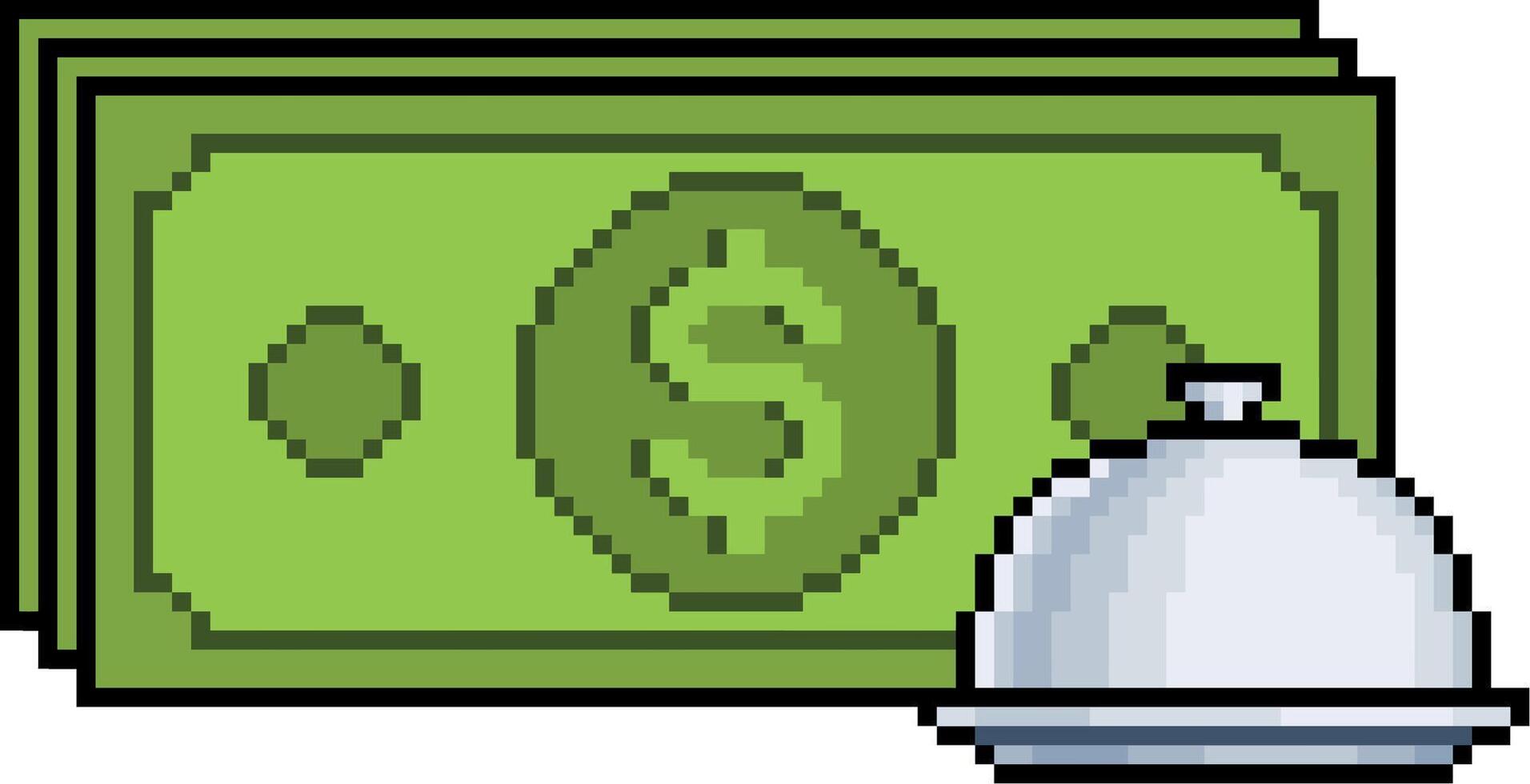 Pixel art of money bills with plate of food in 8-bit style on white background vector