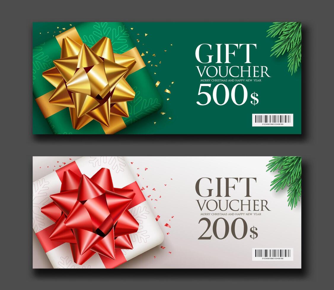 Gift vouchers gift box, golden and red ribbon and pine leaves collections banner design black background vector