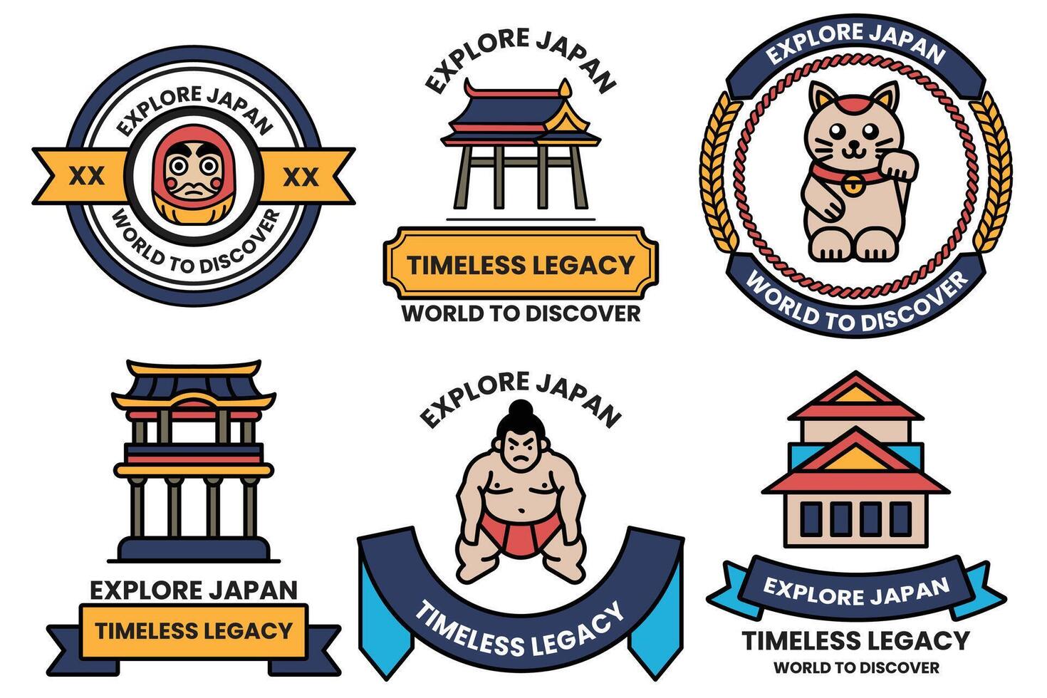 A set of different badges in concept of Explore Japan vector