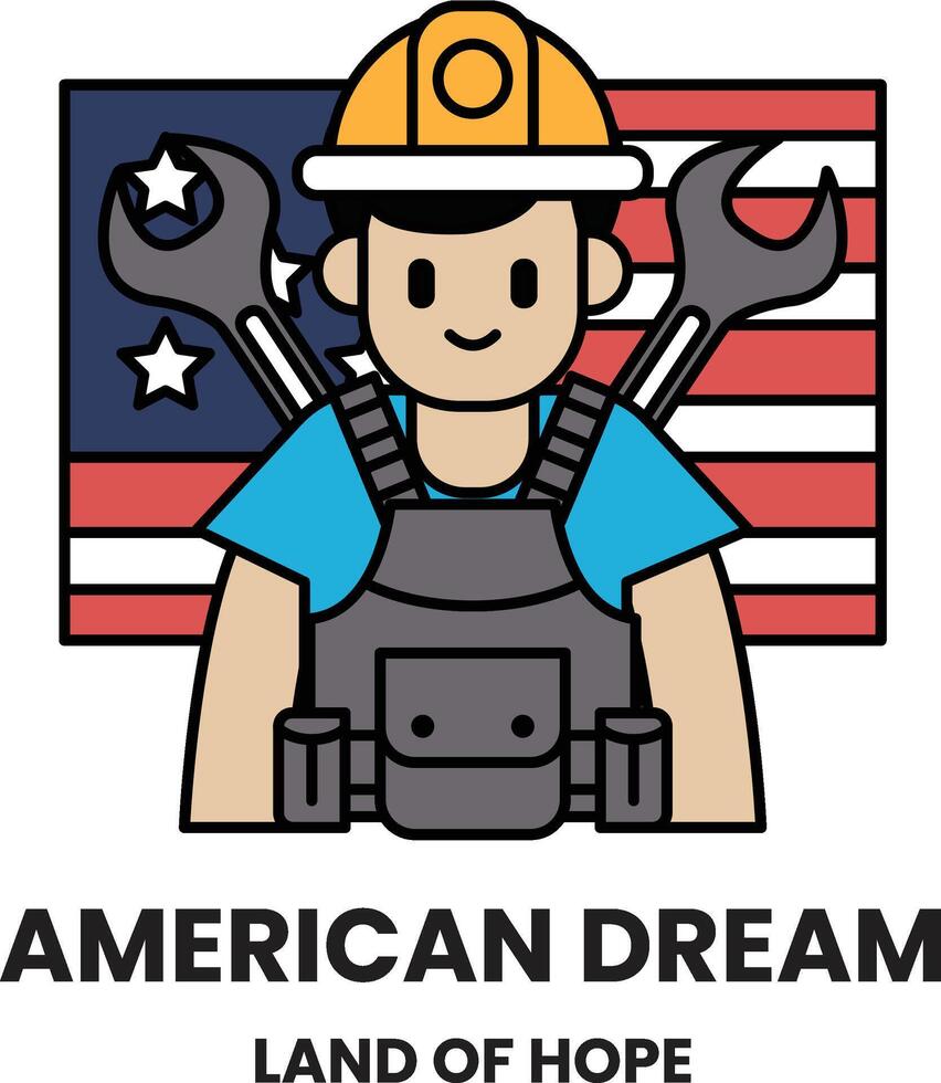 A man in a blue shirt and a hard hat is holding a wrench and a screwdriver vector